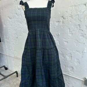 J. Crew Navy and Green Smocked Plaid Sundress size SMALL